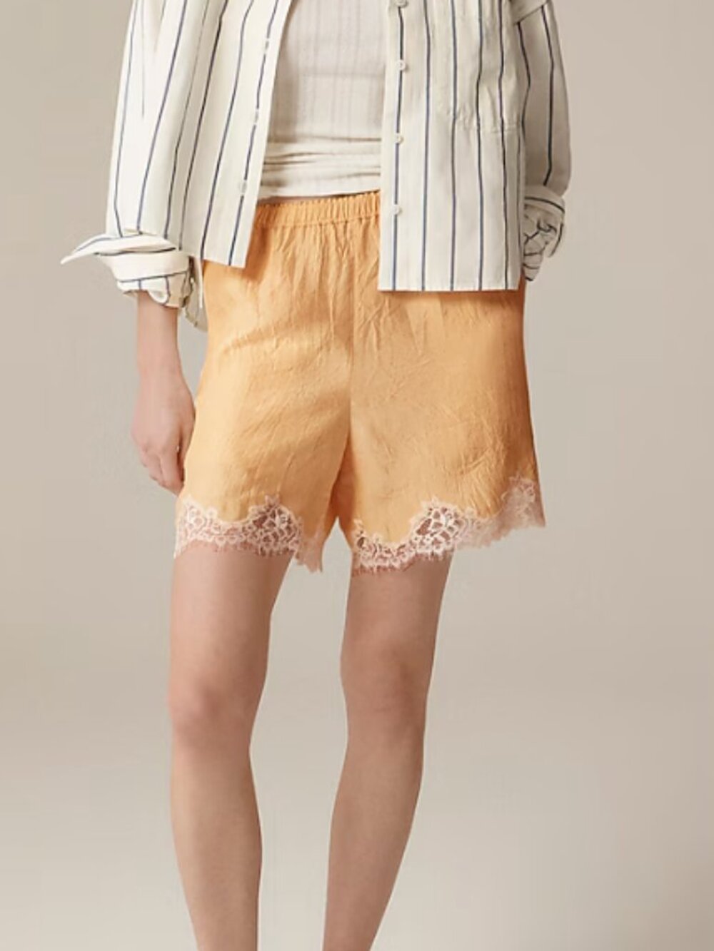 J Crew 5" Stratus lace-trim short in textured satin - Banana Cream
